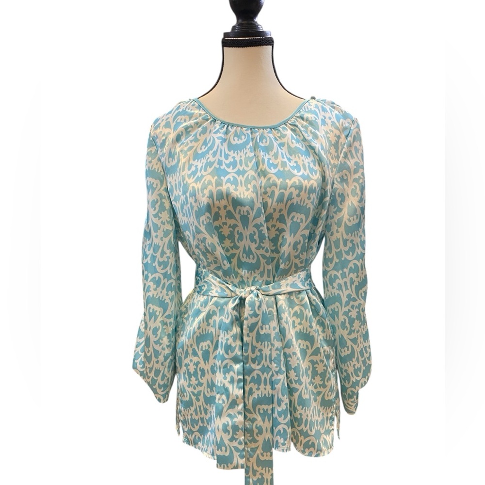 Vintage Bob Mackie Studio Blue and Cream Patterned Blouse flowy 80’s size 8